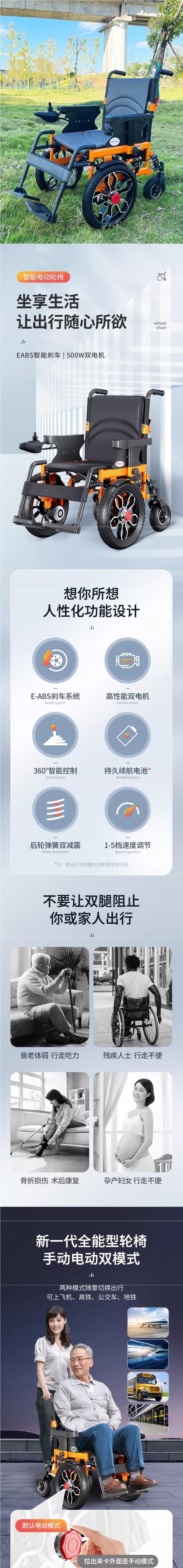 Intelligent fully automatic electric wheelchair for disabled elderly, foldable, lightweight, multifunctional, off-road, large-wheeled four-wheel mobility vehicle