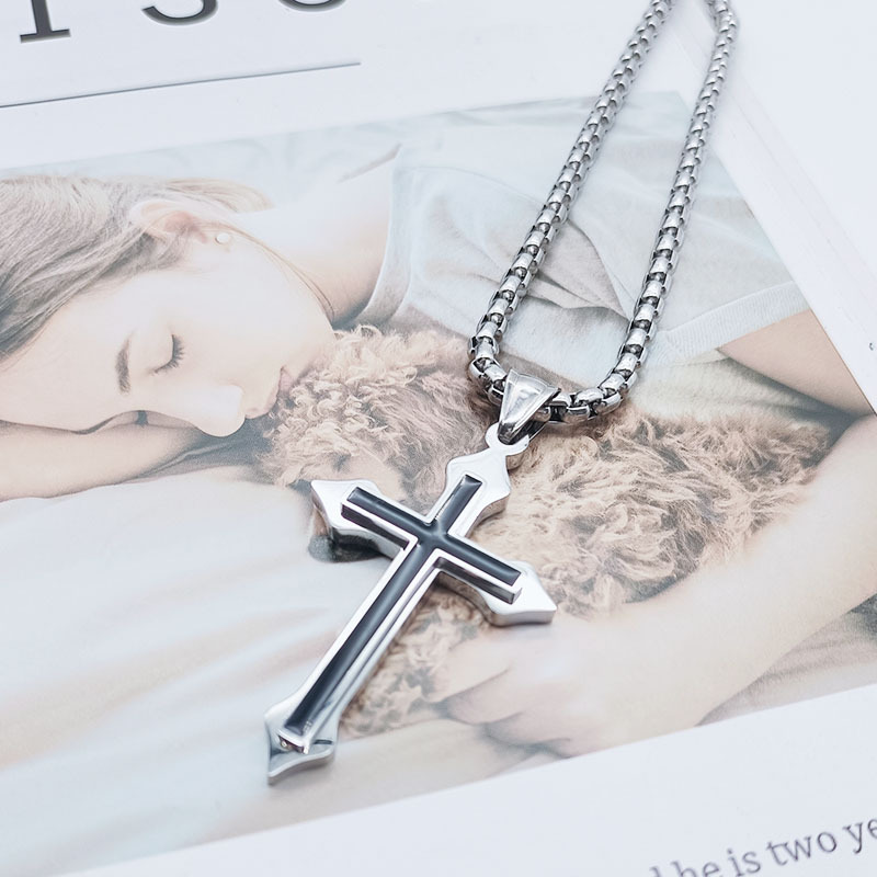 Stainless steel cross pendant necklace, double-layer pendant, square pearl with chain, men's trendy jewelry_voghion.com