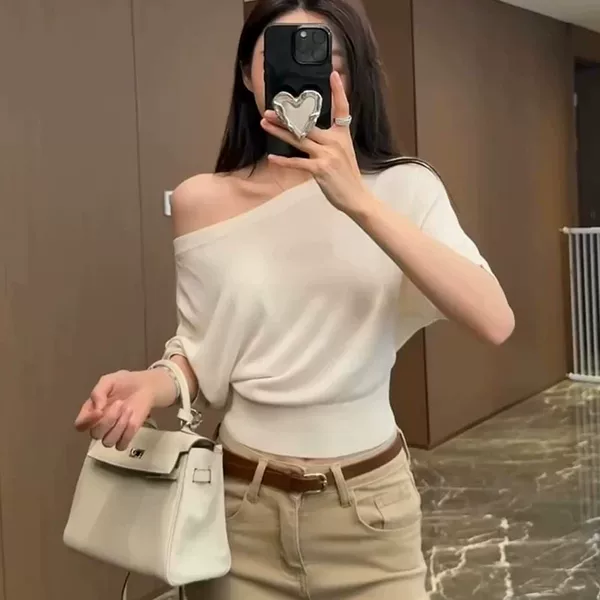 Pure Desire Off-Shoulder Short Sleeve Knitted Sweater Women's 2026 Summer New Style Off-Shoulder Waist-Cinching Mid-Sleeve Korean Style Top