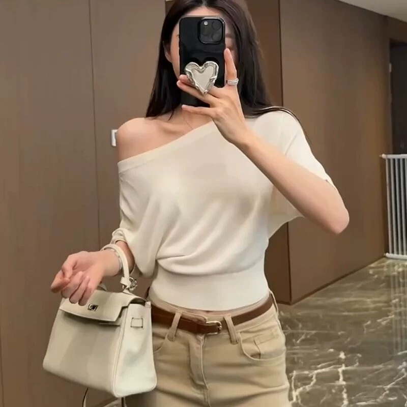 Pure Desire Off-Shoulder Short Sleeve Knitted Sweater Women's 2026 Summer New Style Off-Shoulder Waist-Cinching Mid-Sleeve Korean Style Top
