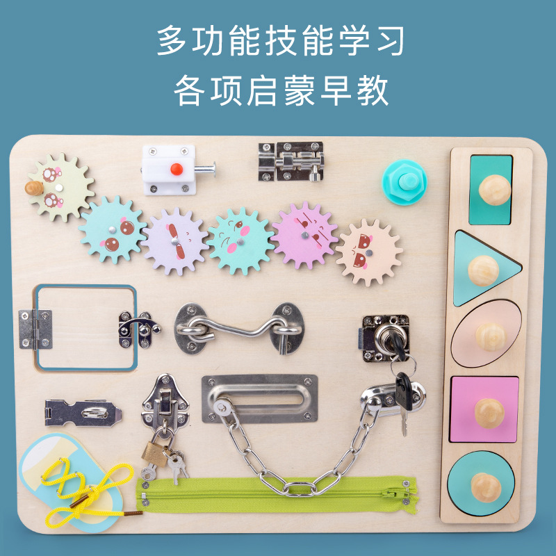 Montessori Tablero de dibujo de madera de doble cara multifuncional para niños Tablero ocupado Desbloqueo de zapatos Reloj Puzzle Iluminación Juguetes de ciencia y educación