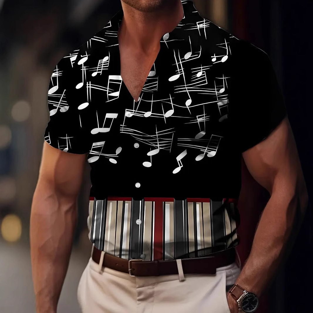 Camisa de manga corta con estampado de nota ancha popular retro de marca de moda europea y americana de verano 2024 para hombres MB1
