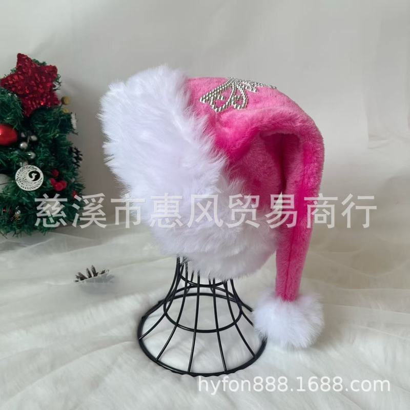 クロスボーダー新製品ピンククリスマス帽子二層ぬいぐるみショートハット 31*47 センチメートル白い毛のエッジクラウン装飾ホリデー帽子|undefined
