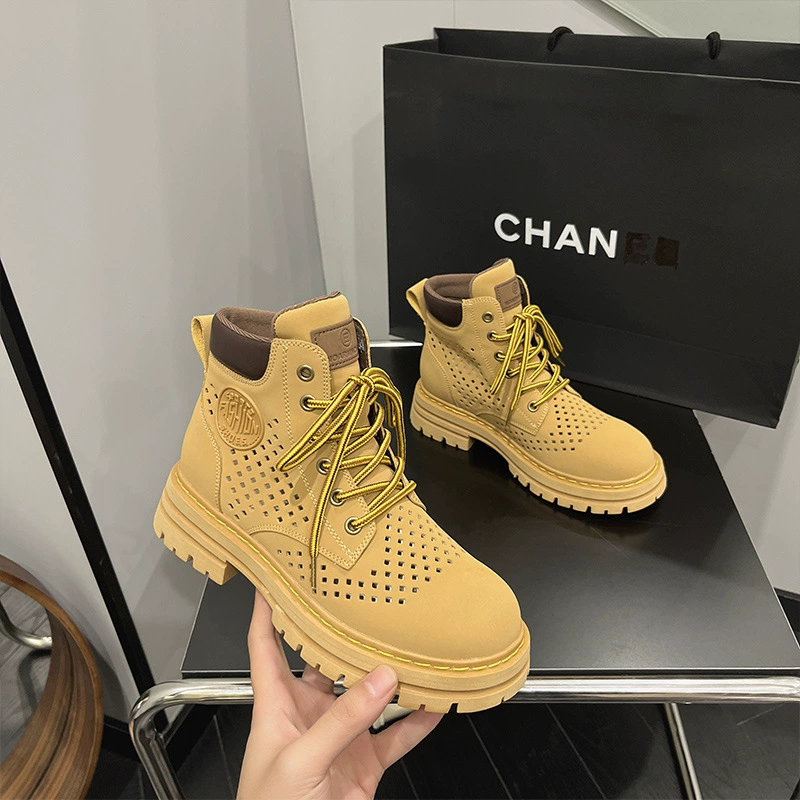 Полые женские ботинки из ревеньев, лето 2021, новый стиль, дышащие короткие ботинки из натуральной кожи для женщин, уличные ботинки для отдыха с внутренним повышением