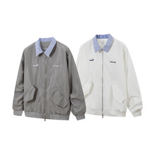 美式条纹翻领工装夹克男潮牌设计感百搭外套学院风宽松休闲棒球服