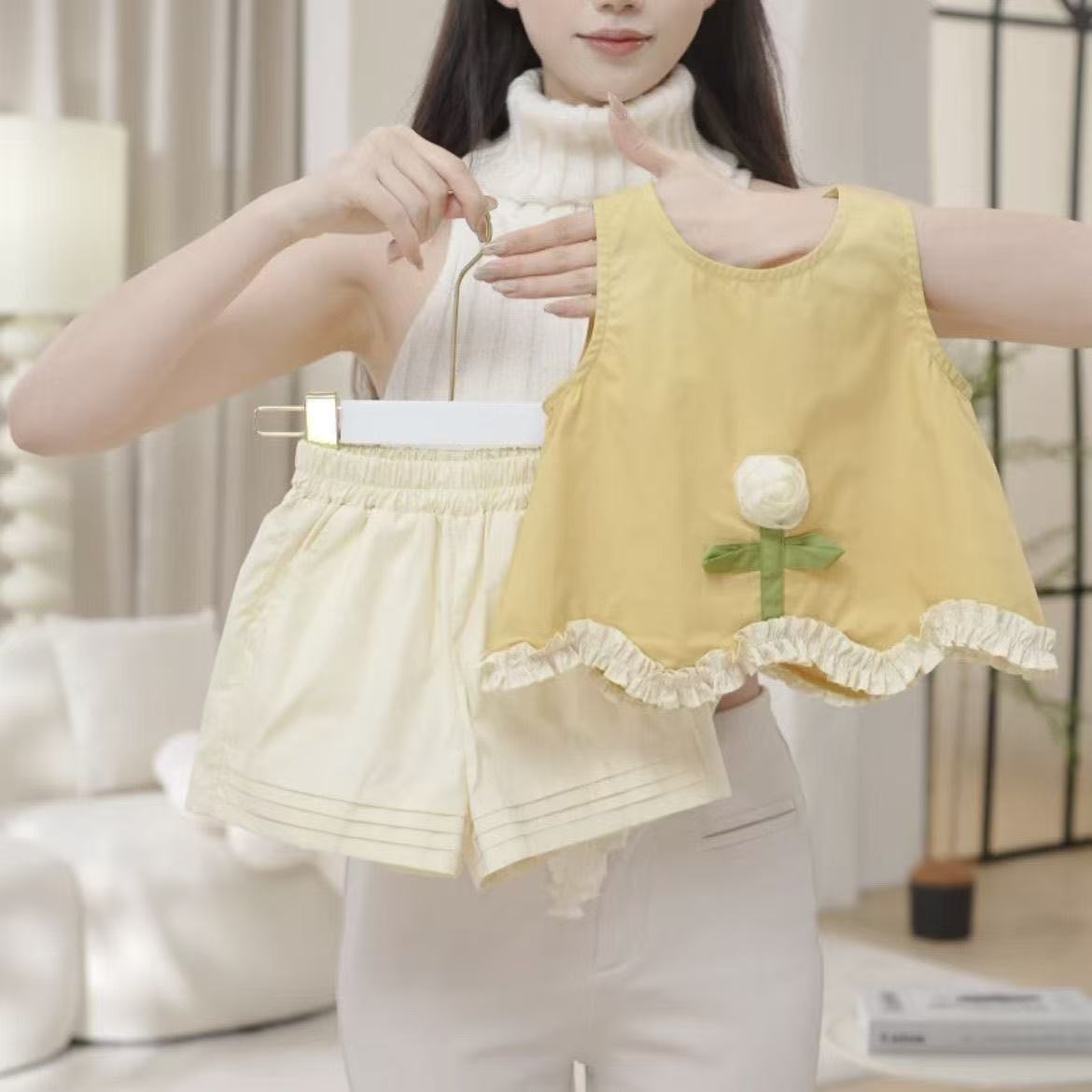 Girls' Outfit 2025 Summer New Style Ruffled Lace Top and Shorts Three-Dimensional Clothing Sunflower Two-Piece Trendy Set