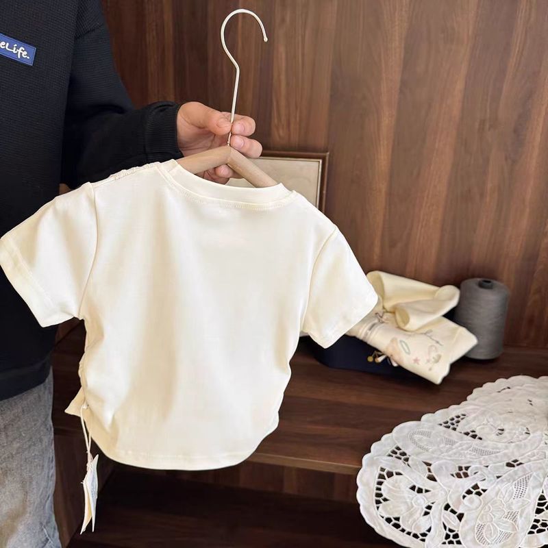 半袖Tシャツ夏薄い韓国風女の子文学レターショートスタイルベビーガールズファッショナブルなウエストトップ女の子用|undefined