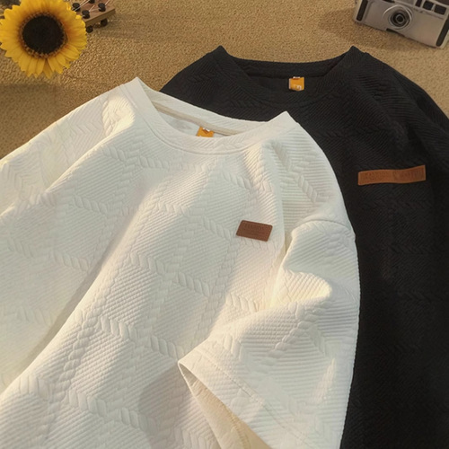 Men's Texture Ribbed Heavyweight Short-Sleeve T-Shirt Summer Plus Size Loose Round Neck Casual 5/8 Sleeve Short-Sleeve T-Shirt