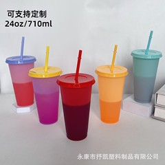 跨境爆款pp材质感温遇冷变色杯大容量24oz单层塑料吸管杯可印logo