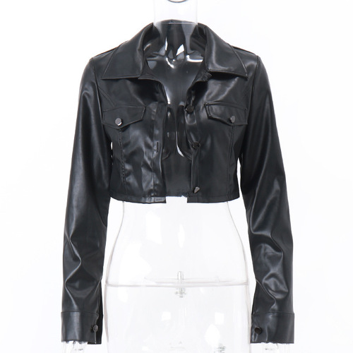 Women Faux Leather Short Jacket Y2K Button Decoration PU Coat