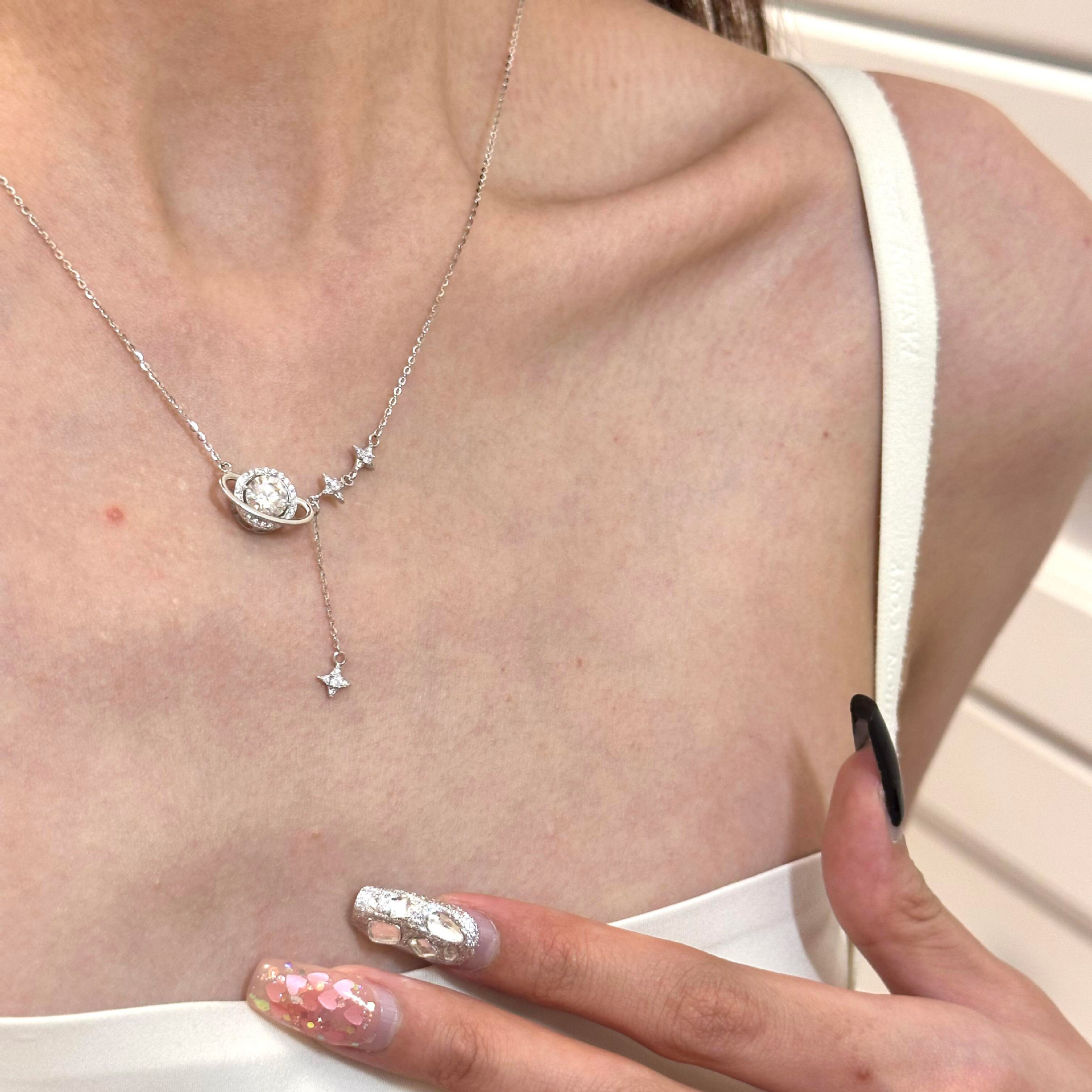 s925 sterling silver planet track rhinestone necklace female special-interest design advanced retro affordable luxury south korea ins clavicle chain