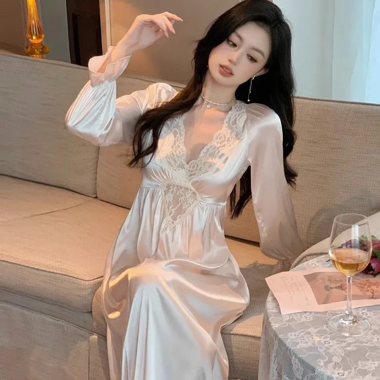 法式宫廷女生长袖性感睡裙女款纯欲风长款夏款蕾丝高级感睡衣女秋