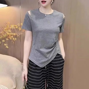 French High-end Irregular off-the-shoulder Top Summer plus size chubby girl Chic Wear Loose Meat Covering T-shirt