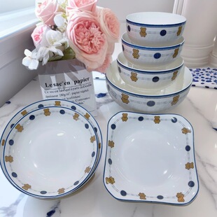 Wholesale Polka Dot Bear Ceramic Bowls and Plates, Cute and Beautiful Bowls and Plates, High-Looking Household Tableware, Rice Bowls, Thickened Bowls and Plates