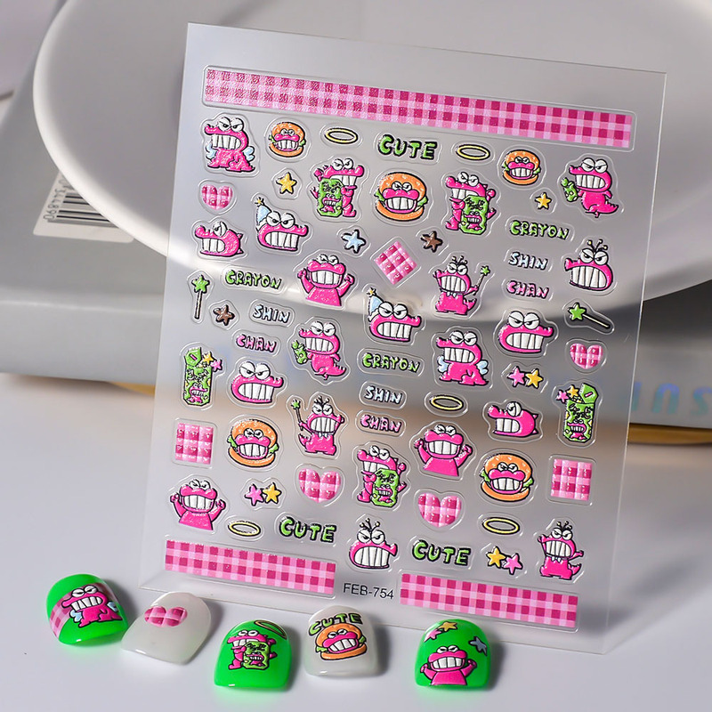 5D nail stickers cartoon Crayon small new stickers pink crocodile relief nail stickers small pattern decorative stickers DIY
