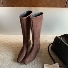牛皮版~绒面小个子内增高长筒靴女显瘦靴子方头骑士靴百搭高筒靴