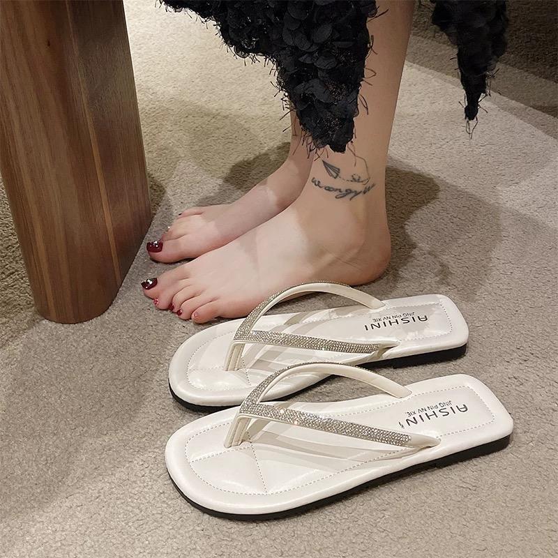 Korean Style Fashionable Flat Women's Sandals, Simple Lettered Flip-Flops, 2025 New Model, Rhinestone Round-Toe Flip-Flops, Flat Sole