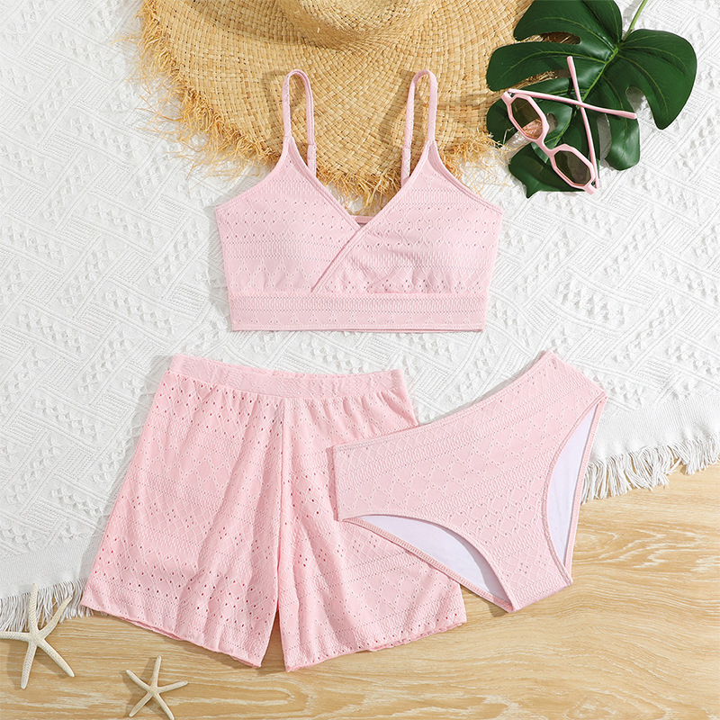 2026 New Children's Three-Piece Swimsuit Pink Bikini Girls' Two-Piece Swimwear Cross-Border Shorts Swimwear Set