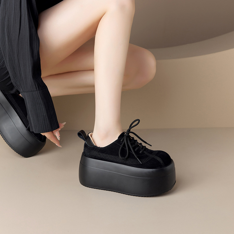 Giày sneaker nữ chunky đế dày mũi tròn phối màu dây buộc cổ thấp thu đông da thật — màu đen, màu mơ