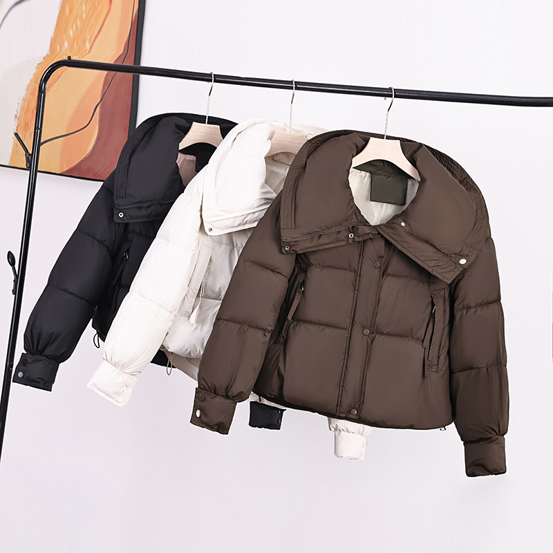 Camacos de algodón de pluma de mujer corta y suelta, ropa de algodón coreana de cuello grande, 2025 moda, nueva chaqueta de algodón pequeña, abrigo grueso