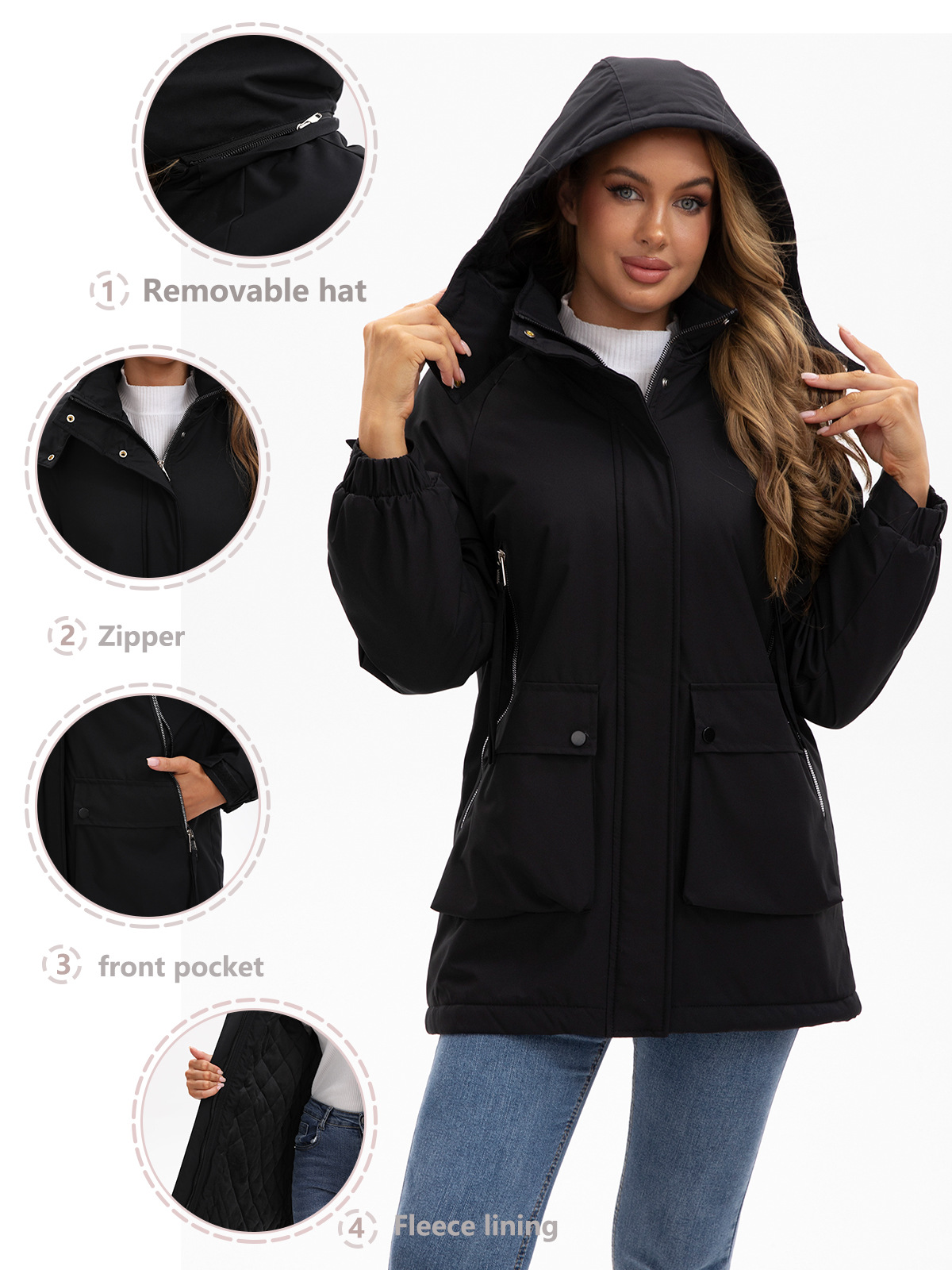Chaqueta parka con capucha desmontable nueva de 2025, forrada de forro polar, repelente al agua, abrigo de otoño e invierno para mujer, ropa de algodón transfronteriza.