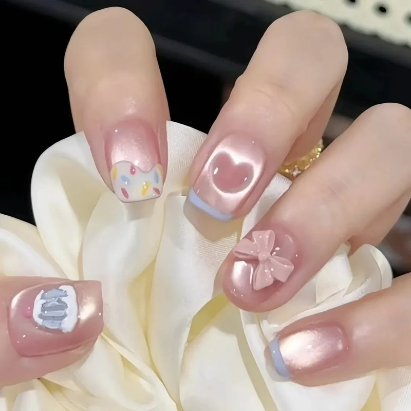 [See the Sea] New Handmade Manicure Bow Nude Color Wearable Nail Candy Dynamic Heart Japanese Manicure Tablets