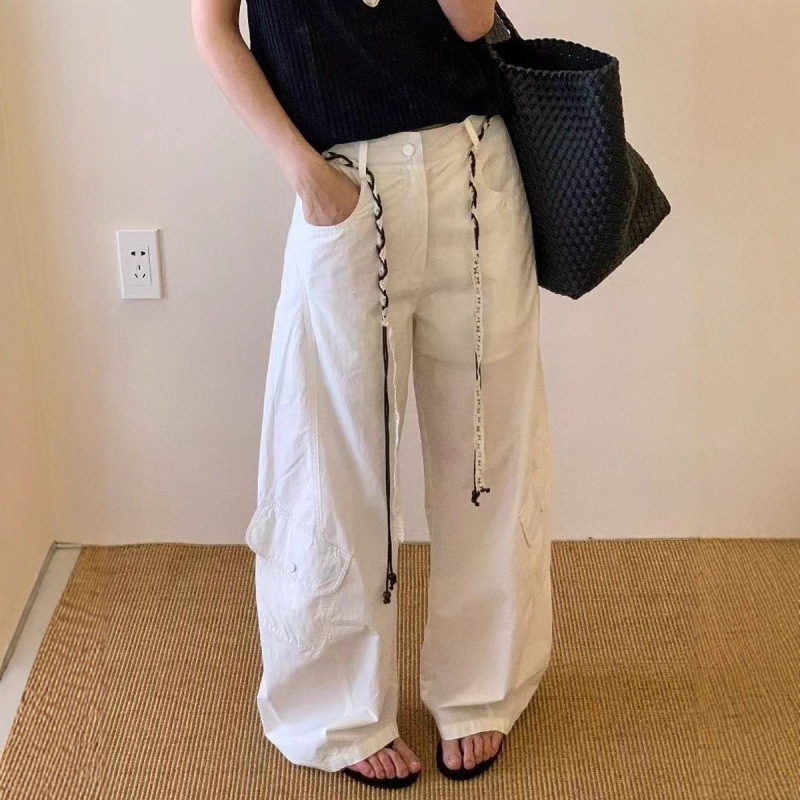 抽绳系带工装阔腿裤女欧货秋季新款时尚宽松高腰大口袋直筒休闲裤|undefined