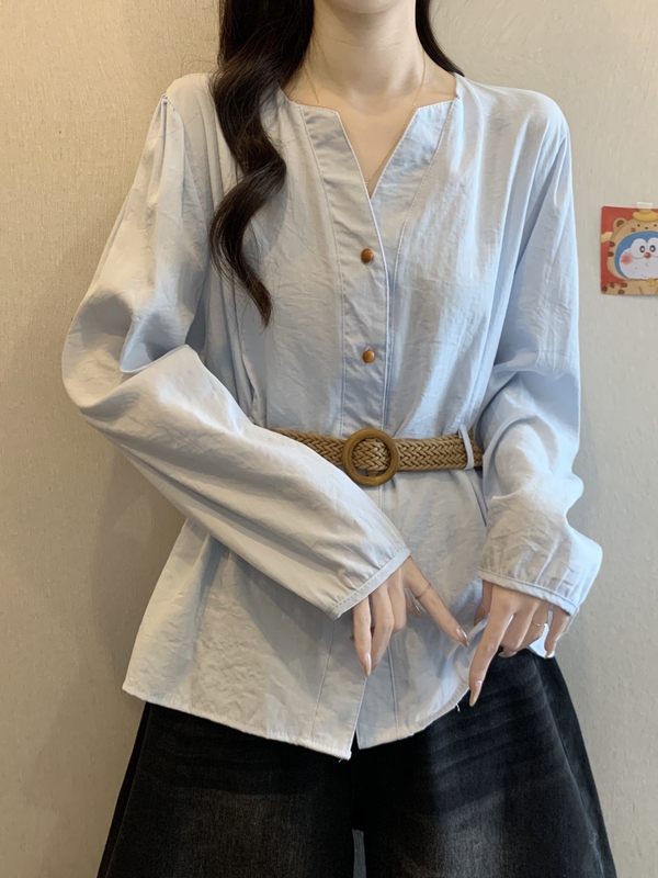 蓝色V领长袖打底衬衫女秋季新款大码胖mm显瘦感系带收腰上衣|undefined