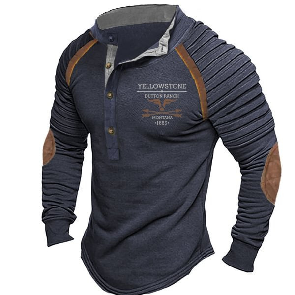 European and American Large Size Men's Retro Western Yellowstone English Letter Pattern Printed Henry Stand Collar Long-Sleeved T-Shirt Autumn and Winter