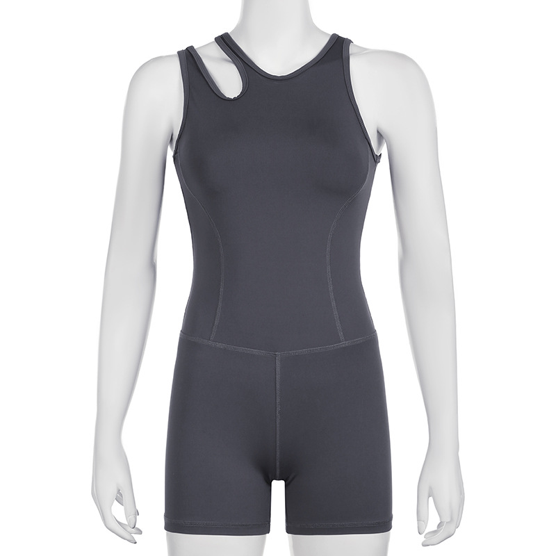 Casual Sports Asymmetric Shoulder Strap Hollow Out Cutout Solid Color Fitness Yoga Jumpsuit Shorts Women