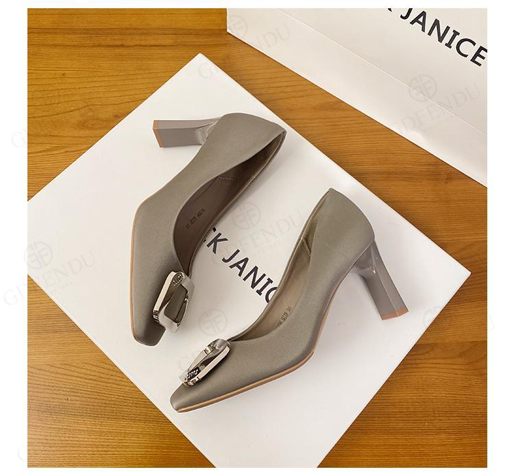 In-stock, Available Dropshipping~ Gray High-heeled For Women, Elegant And Comfortable, Square-toed Leather With Chunky_vogvips.com