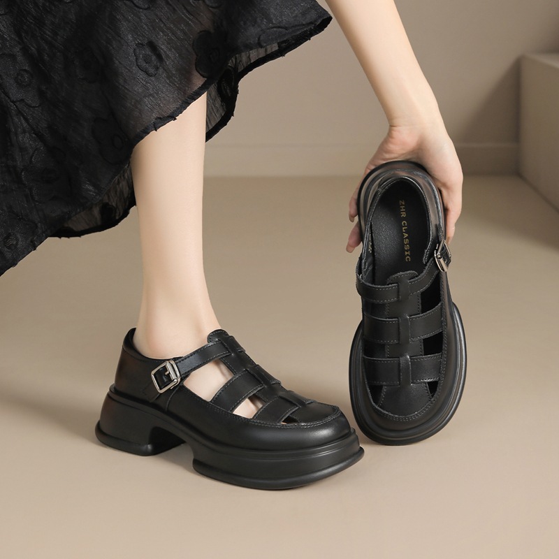 Dép sandal La Mã nữ đế dày da thật bít mũi — BK153 màu đen