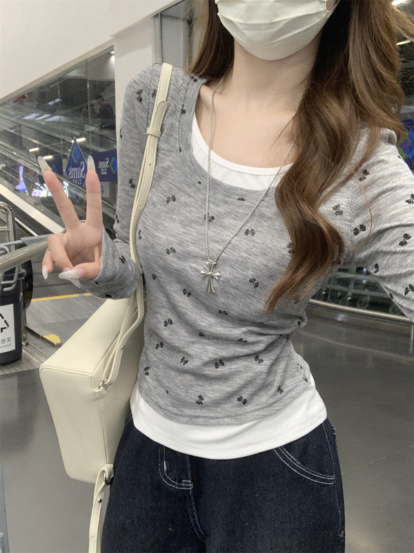 韩系假两件印花长袖T恤衫女2025秋季新款设计感收腰显瘦百搭上衣|undefined