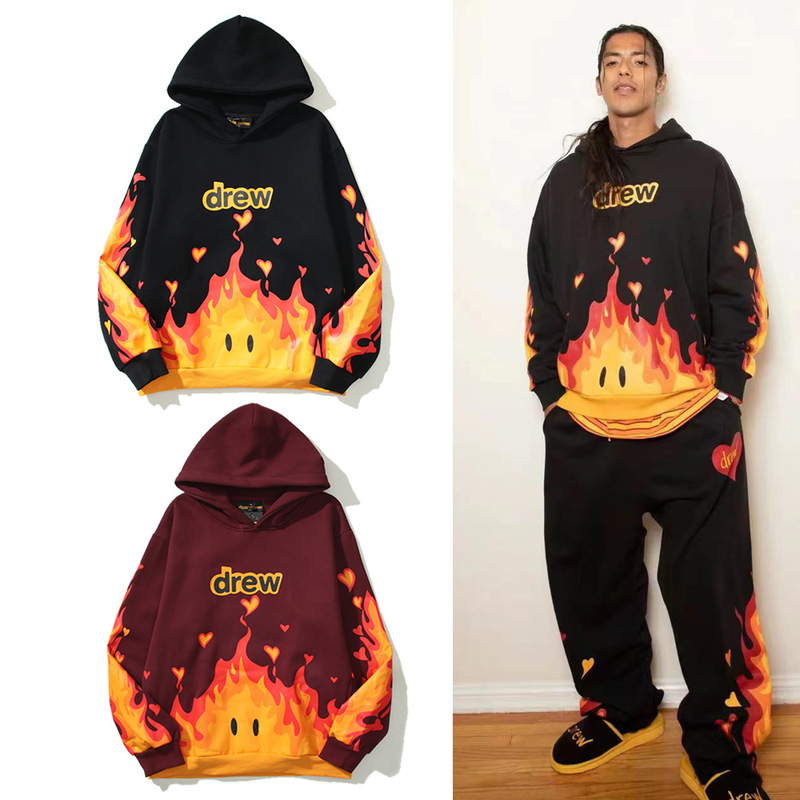 Pure Cotton Coat DREW Smiley Kirin Arm Flame Hoodie Sweater European and American Loose Large Size Casual Sportswear Pure Cotton Coat DREW Smiley Kirin Arm Flame Hoodie Sweater European and American Loose Large Size Casual Sportswear