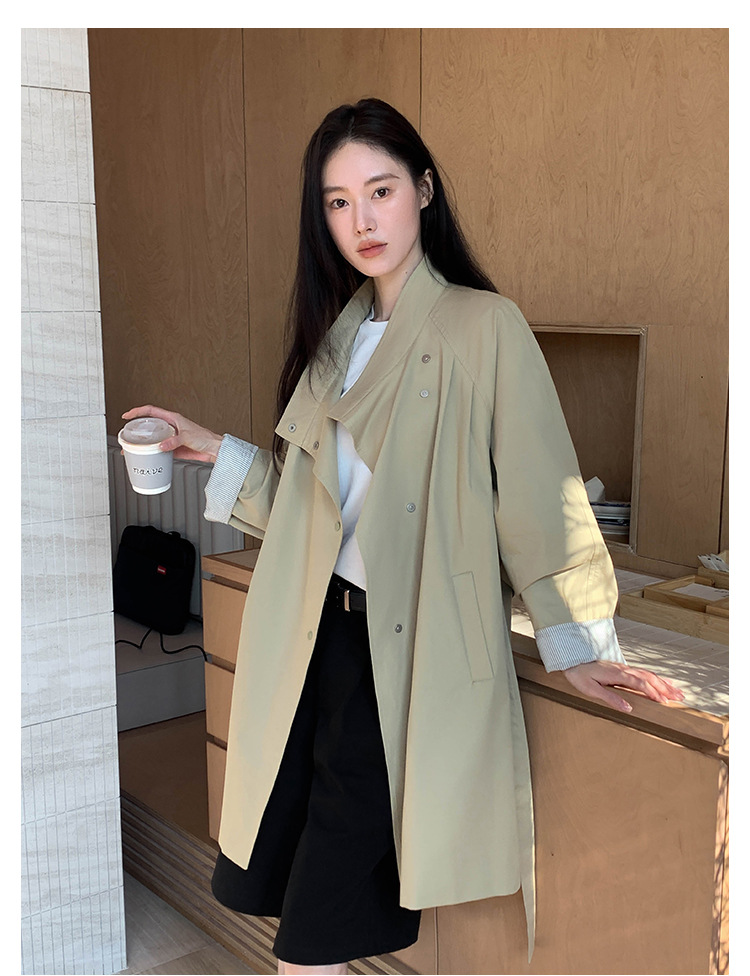 ng2510292 MOXI Thirteen Lines Women's Clothing 2026 Spring Korean Style Stand Collar Long Trench Coat For Petite Women_ecoleips.com