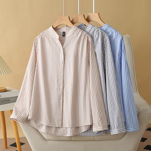 2024 autumn cotton shirt plus size women's long sleeve shirt half open collar 200kg chubby girl striped shirt slim 2415
