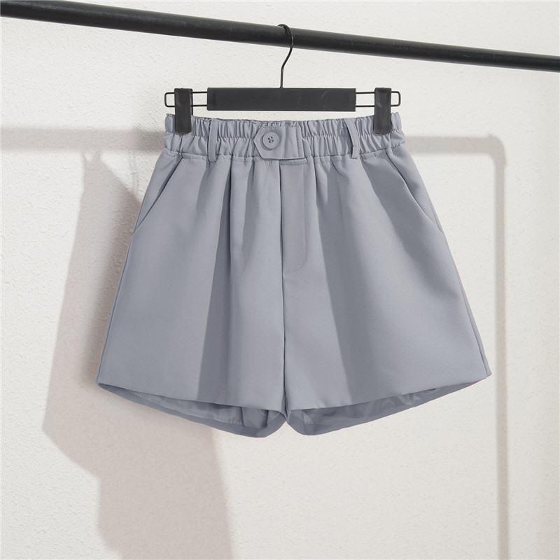 Damen Casual High Waist Loose Fit Graue Shorts Sommer Gerades Bein Bermudashorts mit Knöpfen_voghion.com