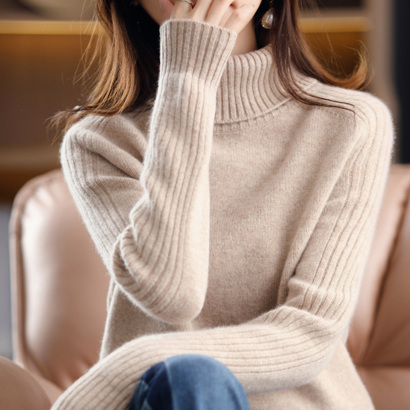 Suéter de cuello alto para mujer forrado de lana engrosado 2024 Otoño e Invierno Nuevo popular estilo occidental interior superior de punto camisa de fondo de Invierno para mujer grueso