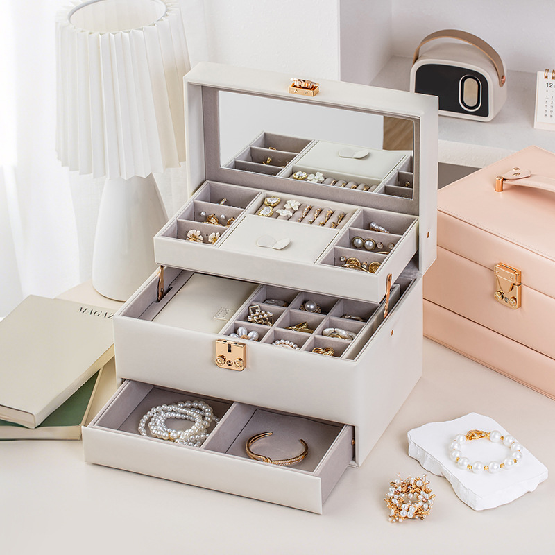 小红书家用首饰盒箱大容量带镜三层首饰珠宝盒项链戒指饰品收纳盒