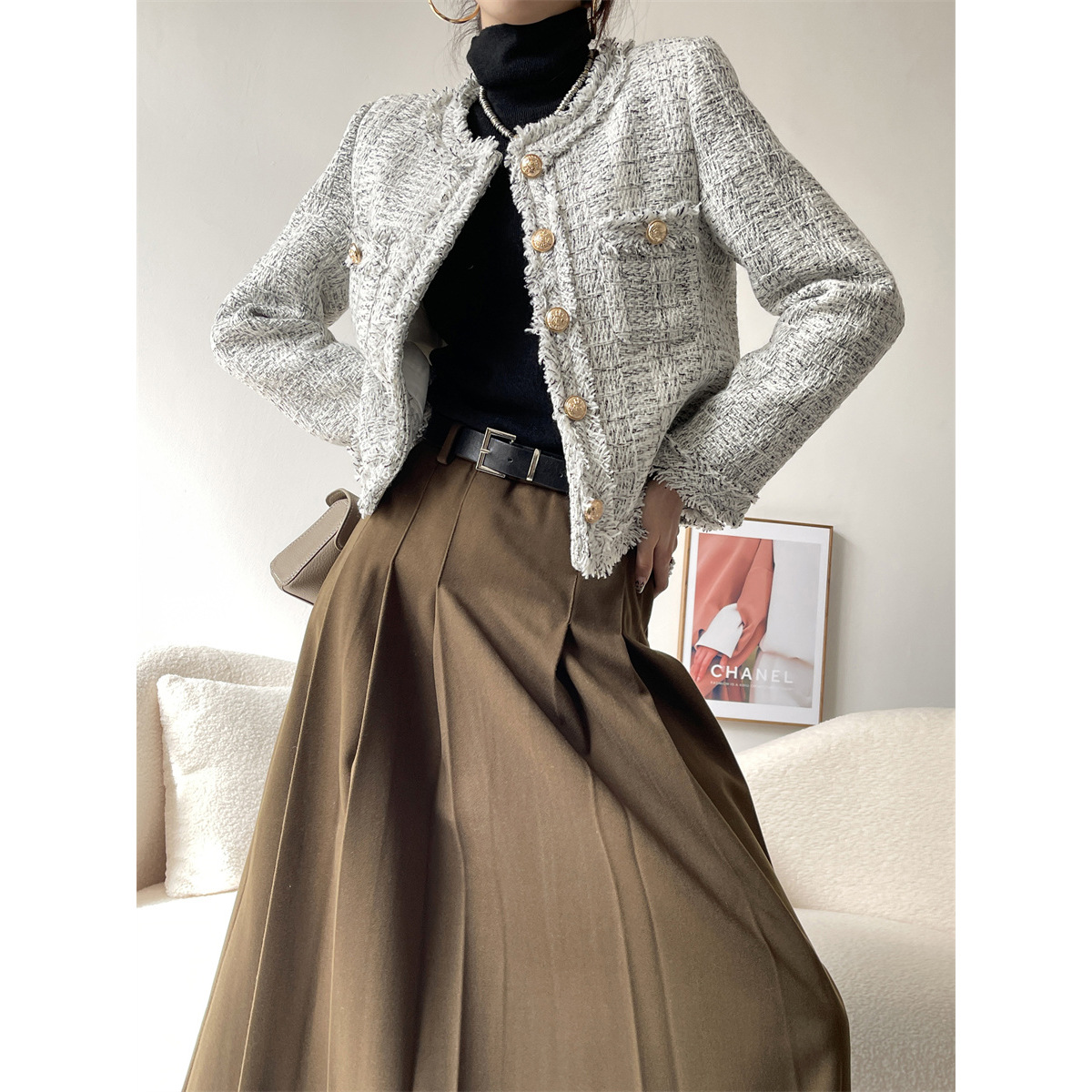 Mengzi chic French elegant socialite Chanel style coat female 2023 autumn and winter high-grade tweed top X1687