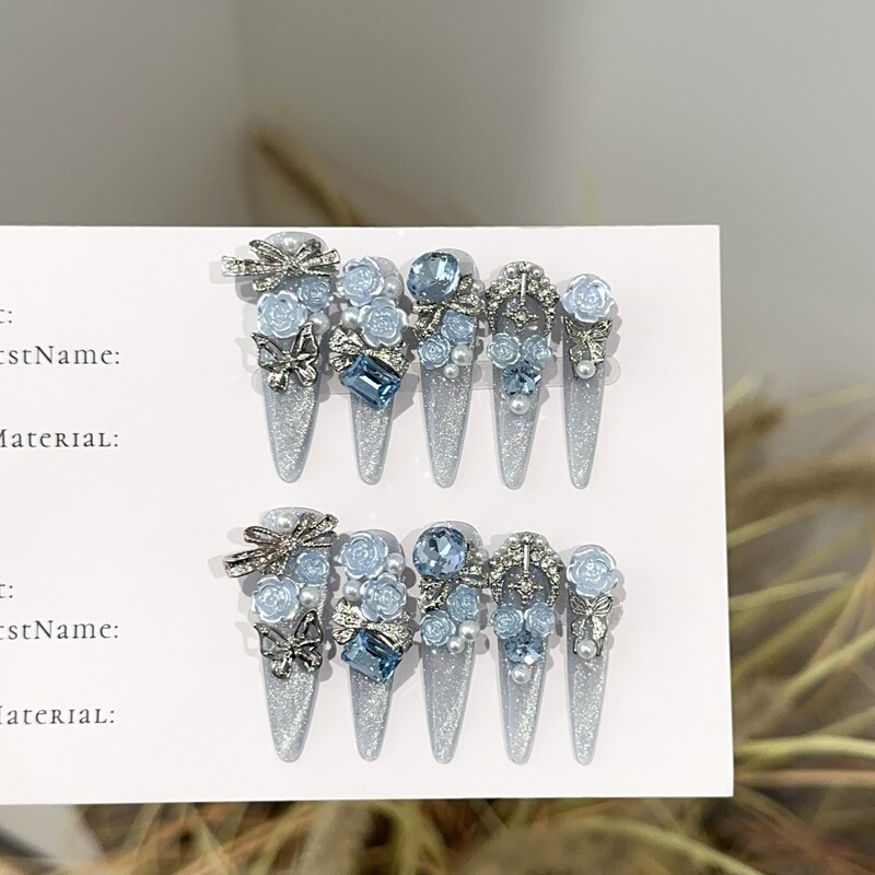 Purely Handmade High-End Ice Blue Cat-Eye Nail Art Pieces, European and American Style Heavy-Duty Full Diamond Flower Butterfly Fake Nail Stickers