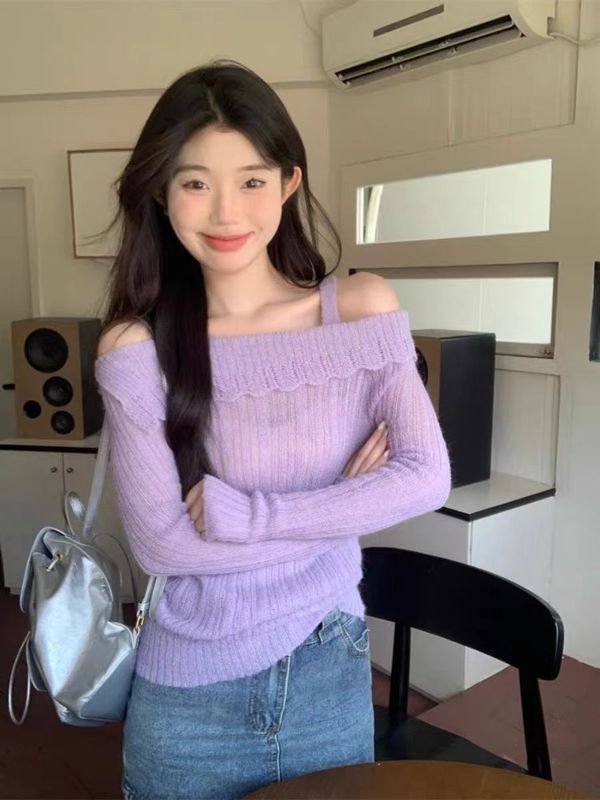 超好看紫色一字肩毛衣纯欲风设计感吊带针织衫上衣女春季2025新款|undefined
