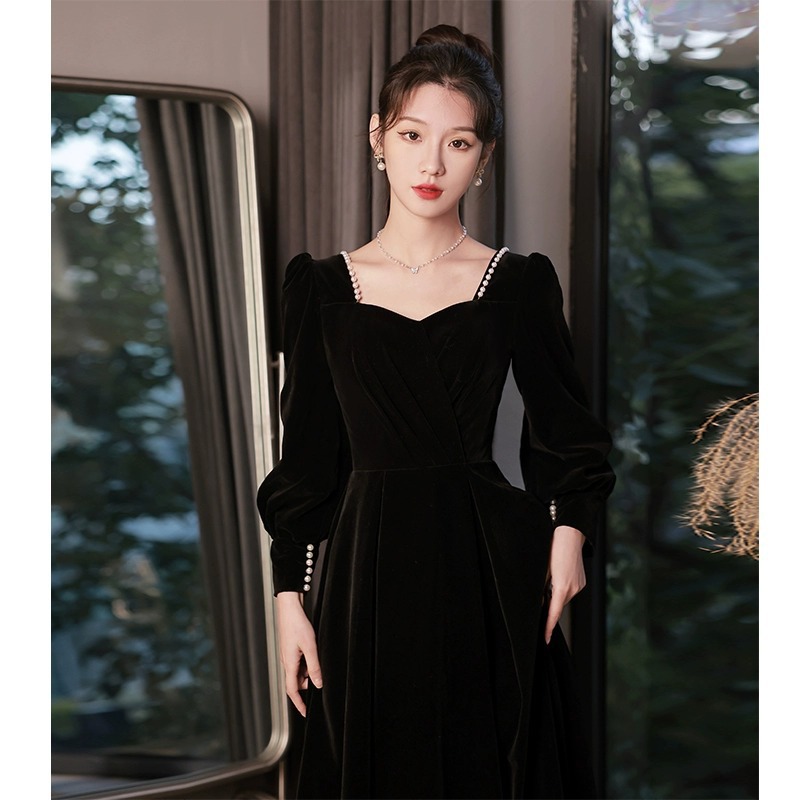 Black Birthday Party Dress, New Long-Sleeved High-End Annual Meeting Host Dress, Slim and High-End