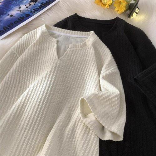 White V-neck Short-sleeve T-shirt for Men, Summer Texture Loose Half-sleeve T-shirt, American Trend Brand Heavyweight Youth Top