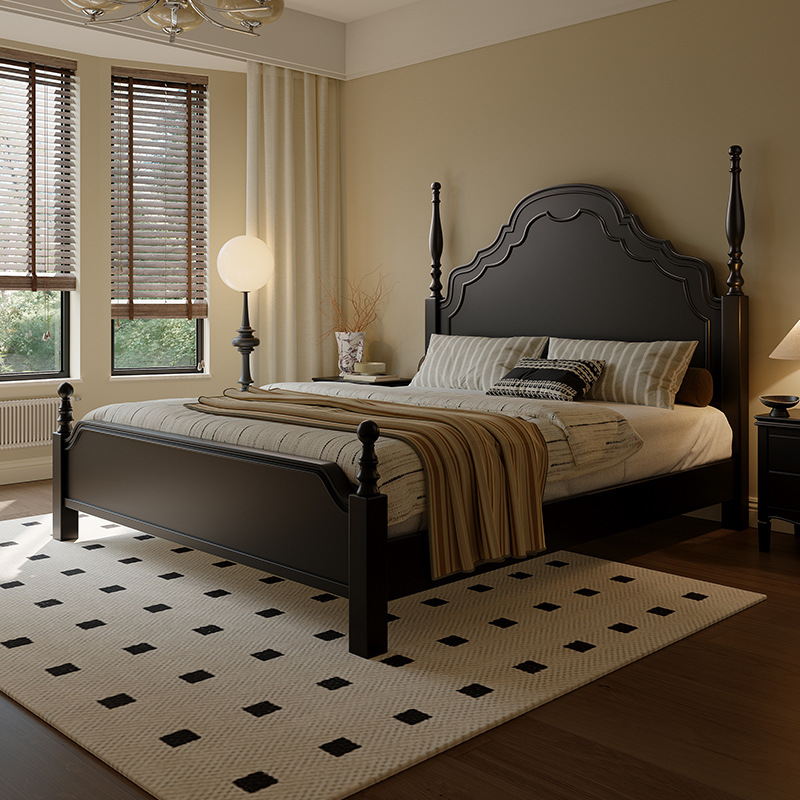 安娜床美式复古实木床1.8米卧室家具法式中古黑色高级感大床