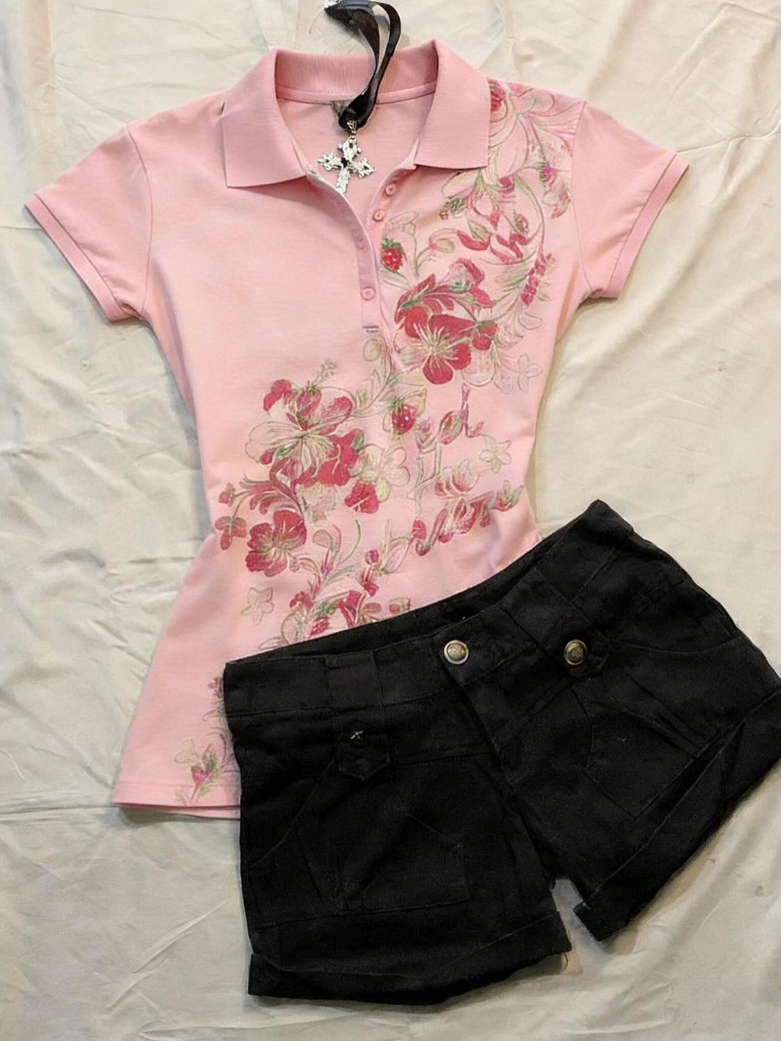 American retro vintage style, 2026 summer new pink polo collar short-sleeved printed slim-fit top.