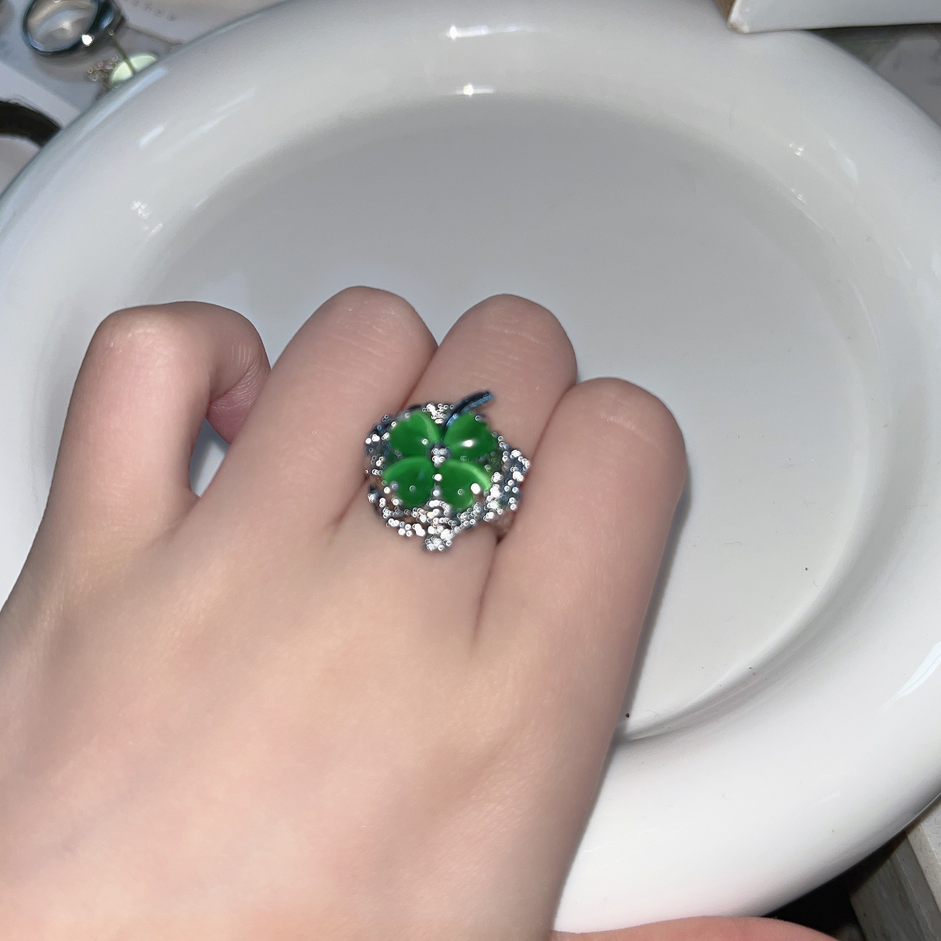 Chinoiserie Four Leaf Clover Flower Alloy Plating Inlay Pearl Open Ring