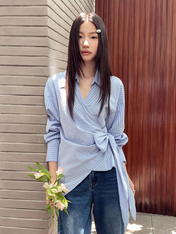 【拯救乏味】歌铭设计感蝴蝶结系带衬衫女秋季新款条纹上衣T1976F|undefined