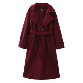2024秋冬新款女装酒红色翻领双排扣配腰带毛呢大衣外套中长款