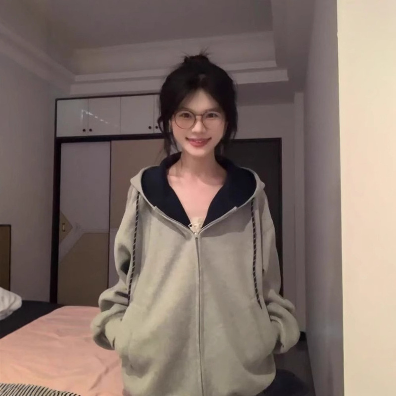 韩系慵懒灰色连帽卫衣开衫外套女春秋季2025新款基础通勤显瘦上衣|undefined